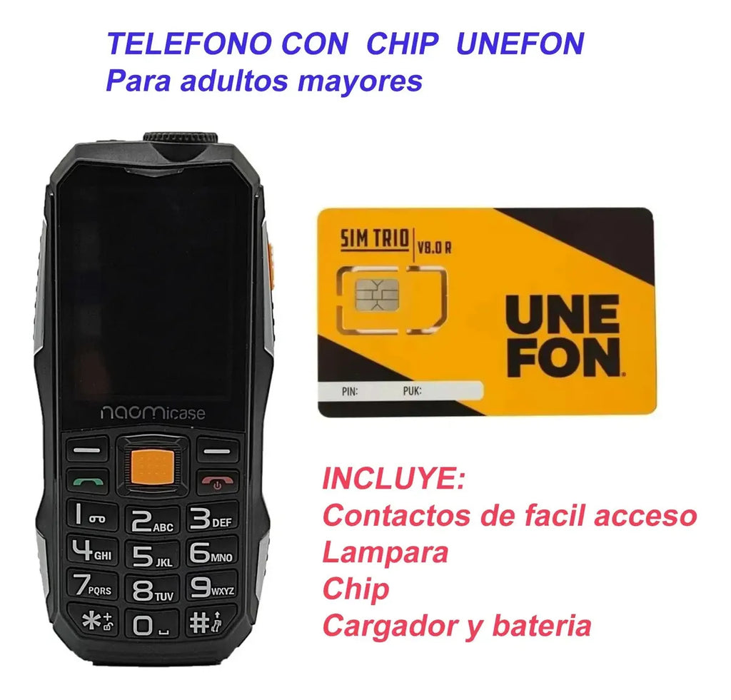Teléfono Celular Uso Rudo Para Adultos Mayores + Chip Unefón
