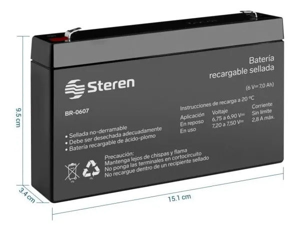 Batería Steren Pila Br-0607 6v 7ah Recargable Con Cargador